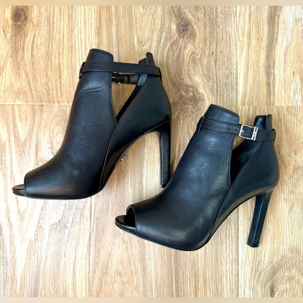 Michael Kors Black Leather Peep Toe Ankle Booties Strap Heels Size 6.5